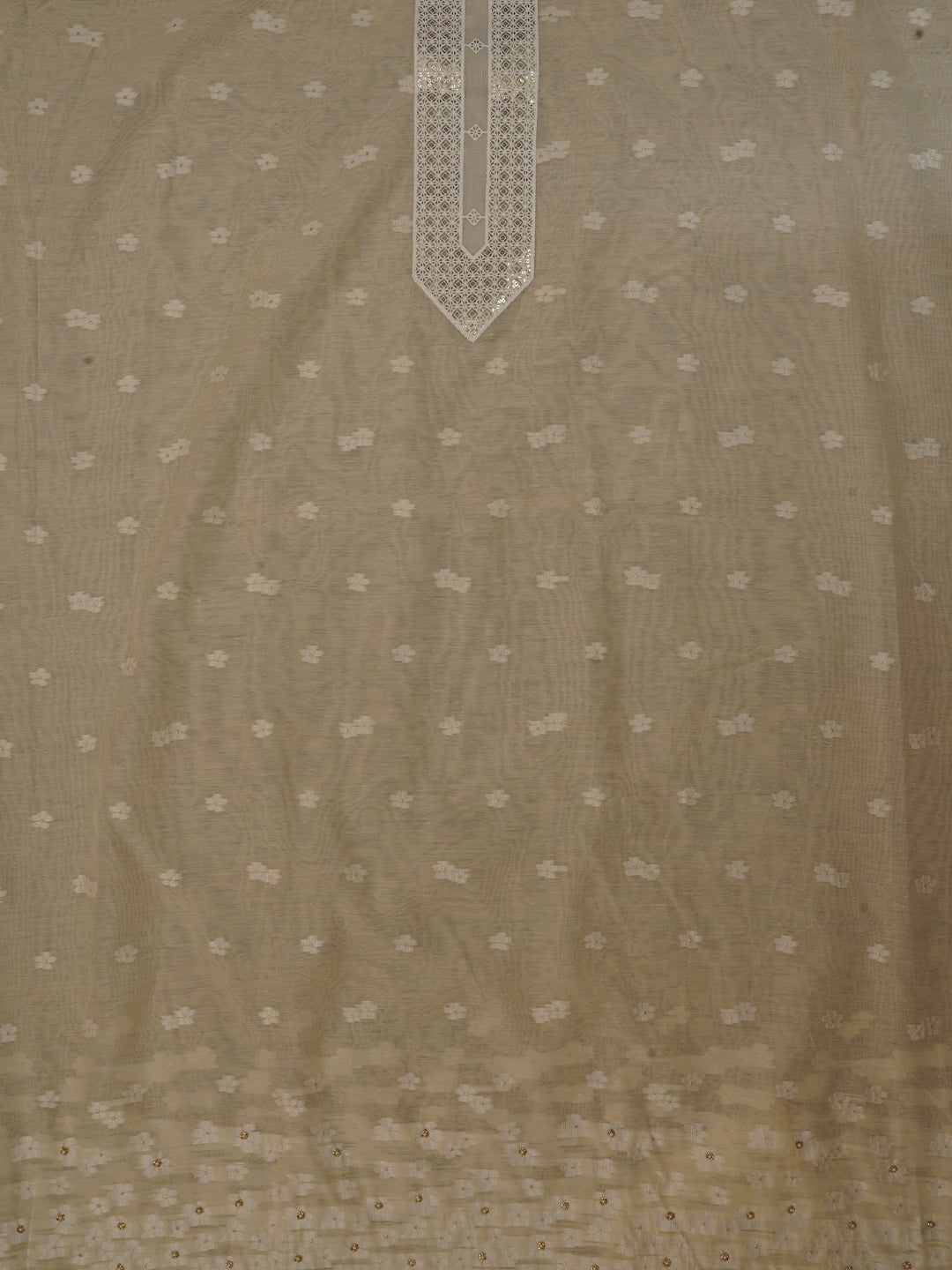 Beige Cotton Woven Design Embellished Dress Material with Dupatta