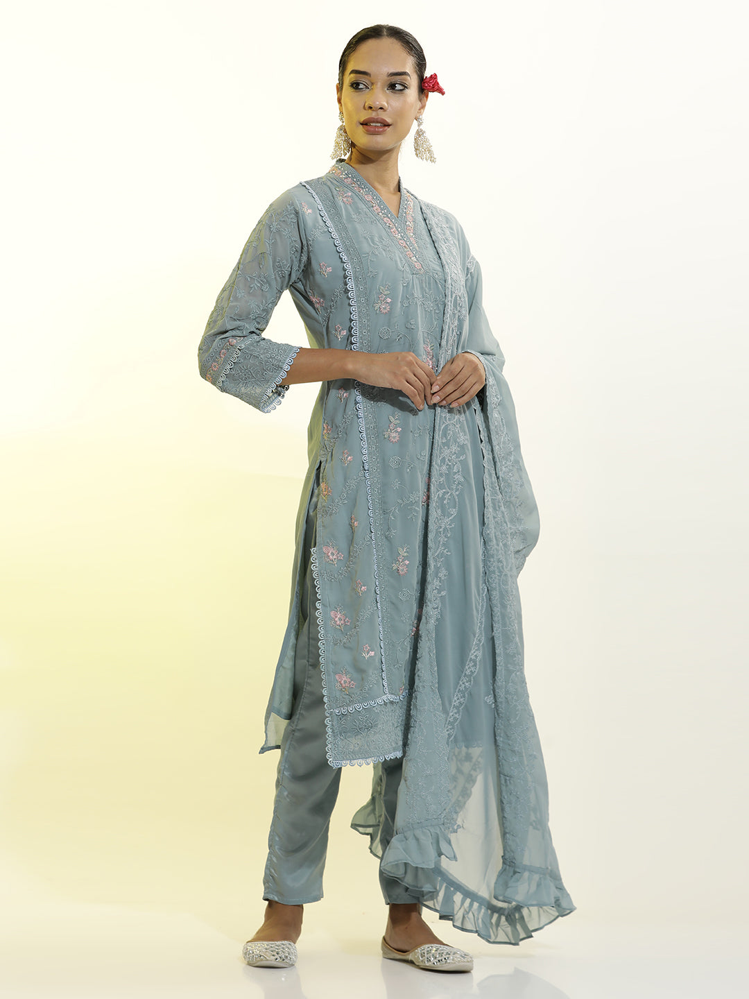 Festive Embroidered Georgette Kurta Set With Dupatta