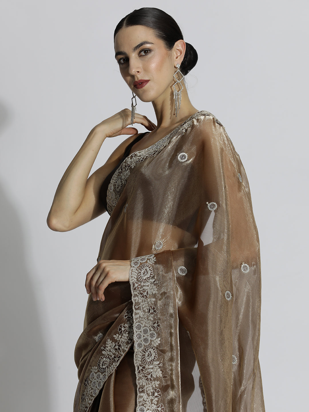 Party Wear Embroidered Tissue Brown Saree