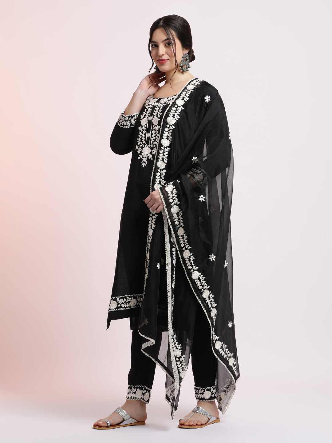 Black Floral Embroidered Festive Kurta Set With Dupatta