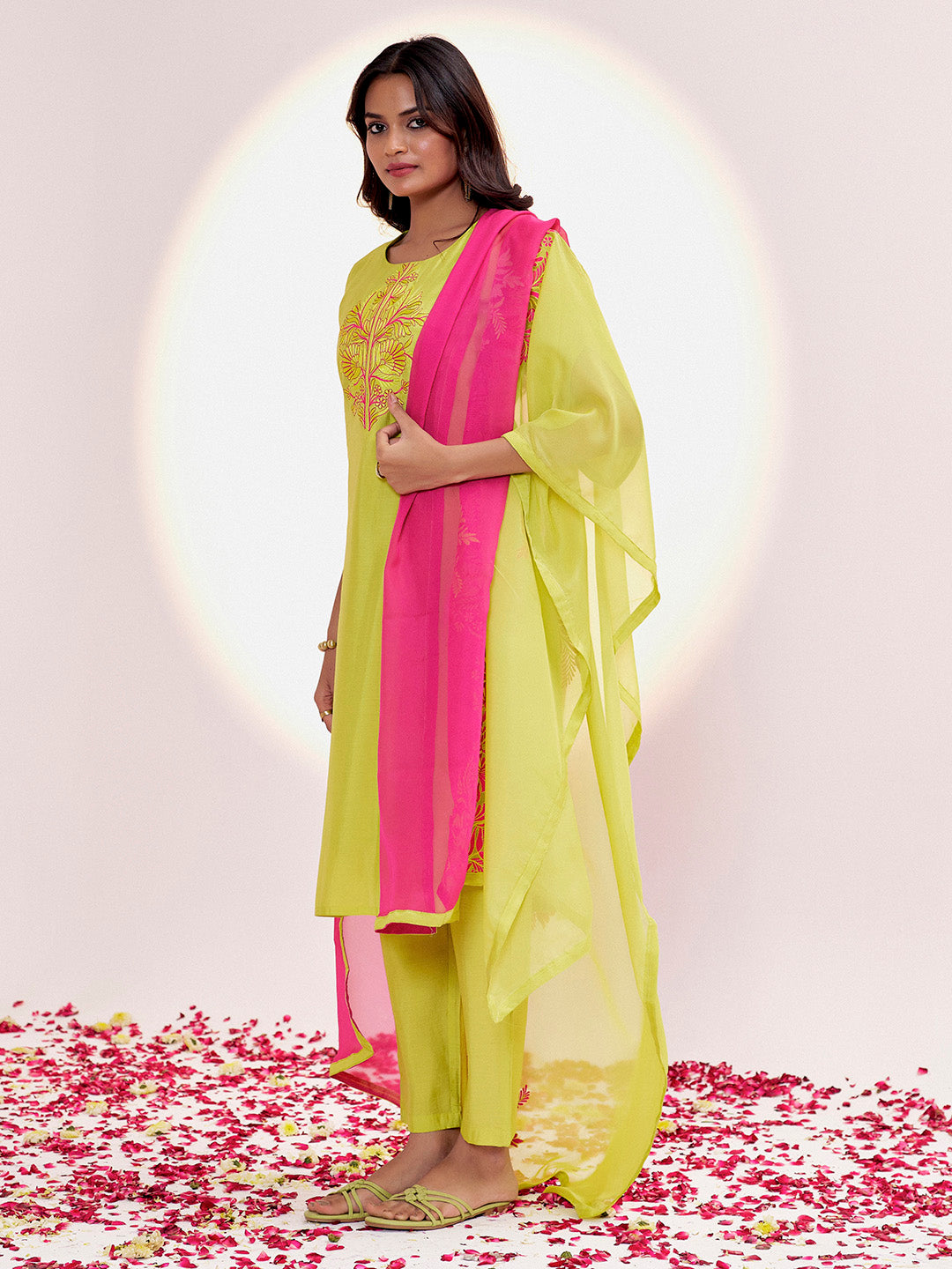 Lime Green Resham Embroidered Festive Kurta Set With Dupatta