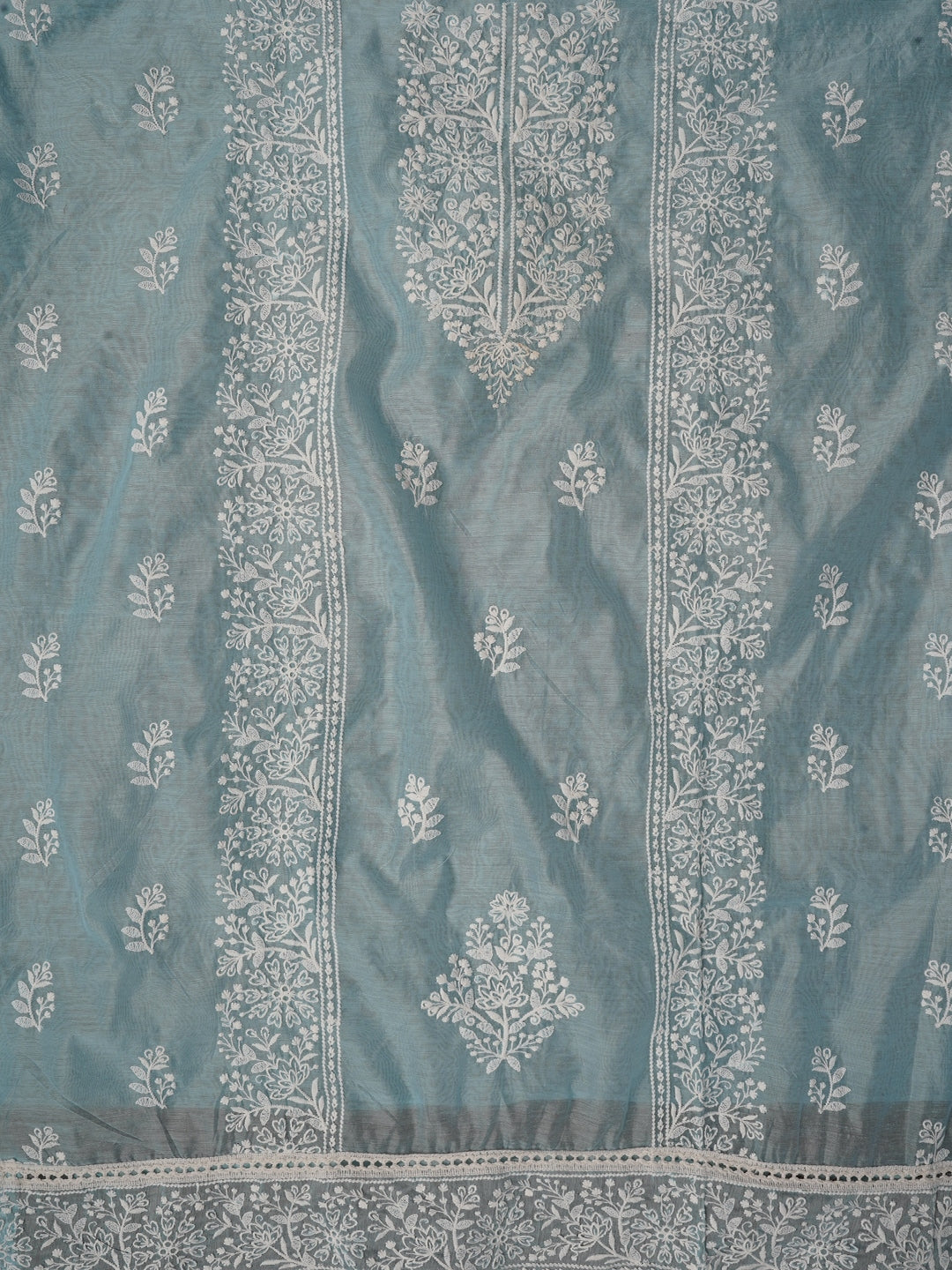 Zari Embroidered Organza Sky Blue Dress Material with Dupatta