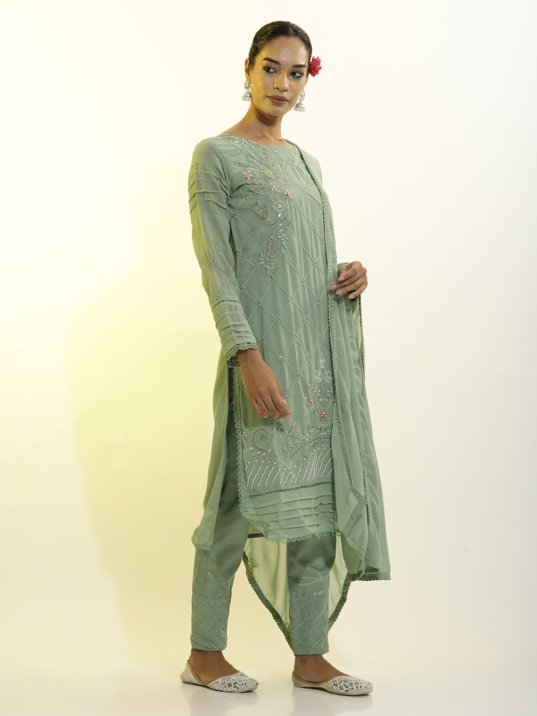 Festive Embroidered Georgette Kurta Set With Dupatta