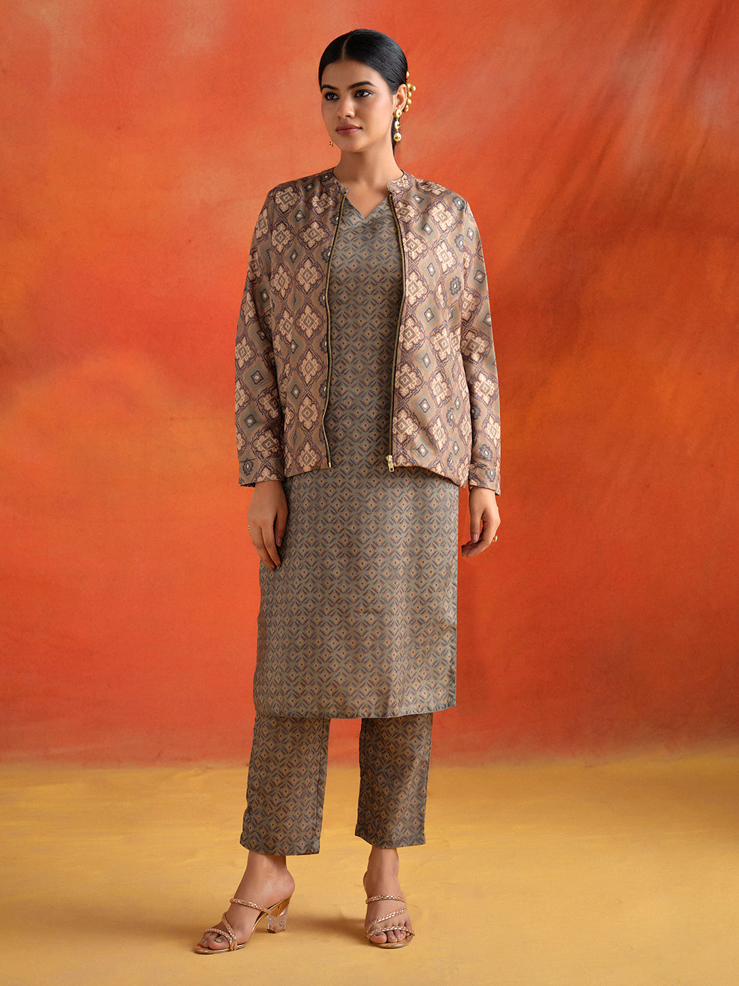 Olive Green Geometric Printed Kurta Set With Jacket Co-ord Set