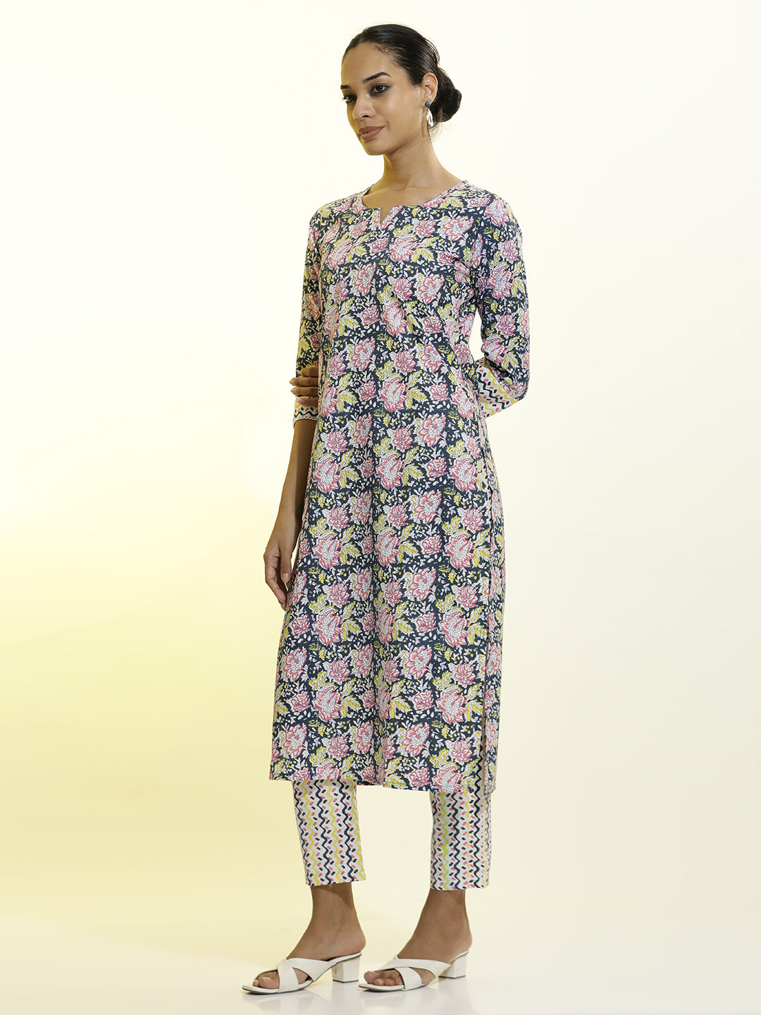 White Floral Printed Cotton Straight Kurta Set