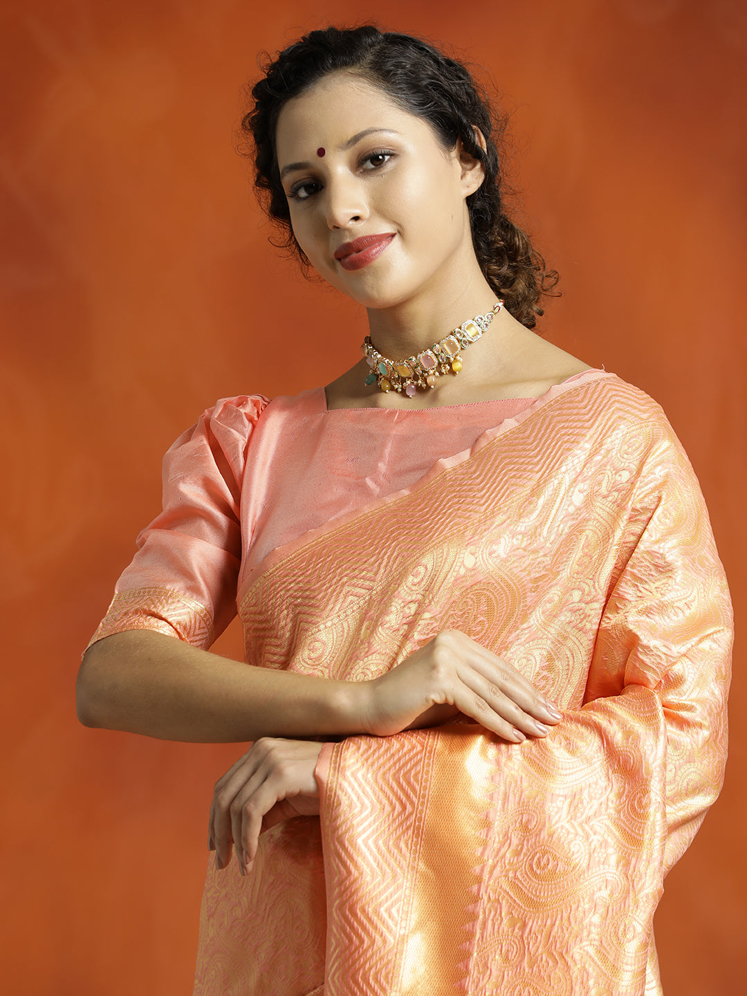 Peach Silk Banarasi Zari Woven Heavy Saree