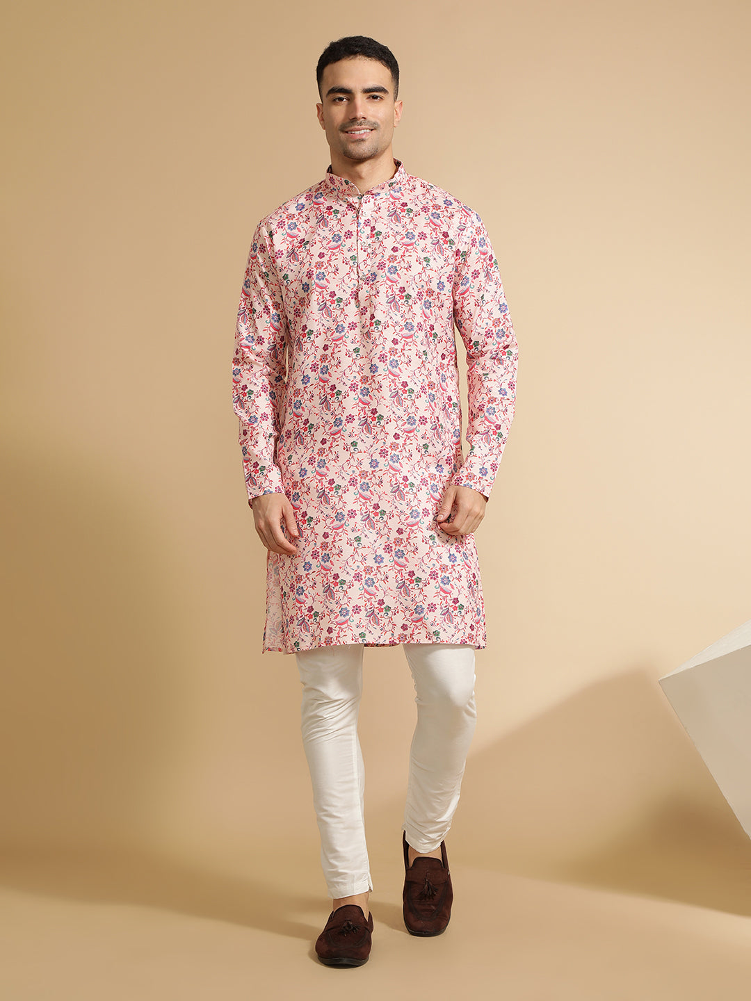 Beige Floral Printed Cotton Kurta for Men