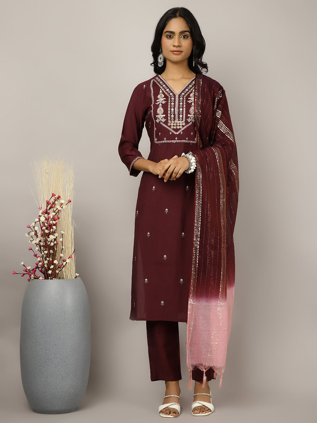 Silk Blend Wine Embroidered Suit Set