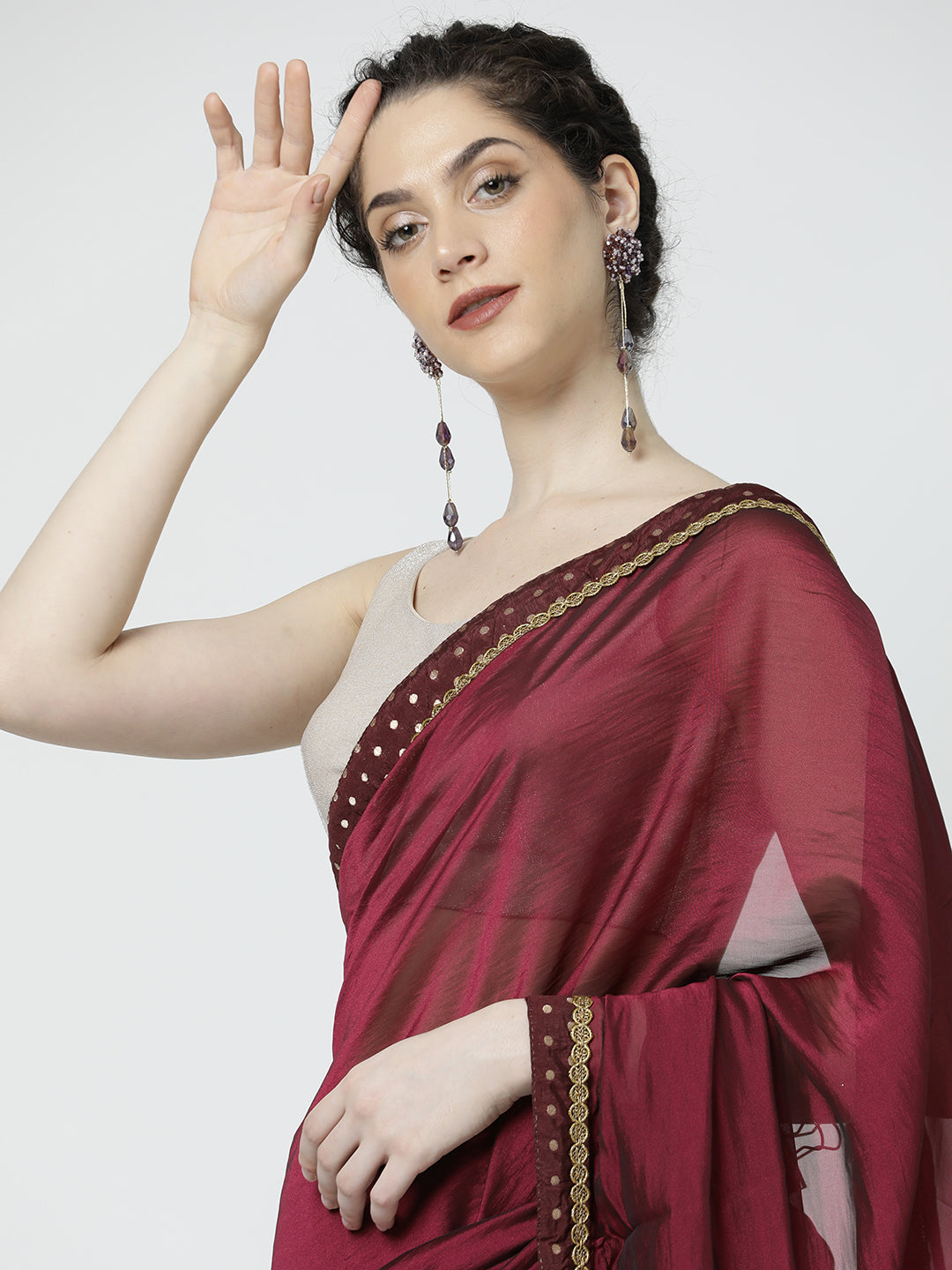 Red Wine Embellished Poly Silk Saree