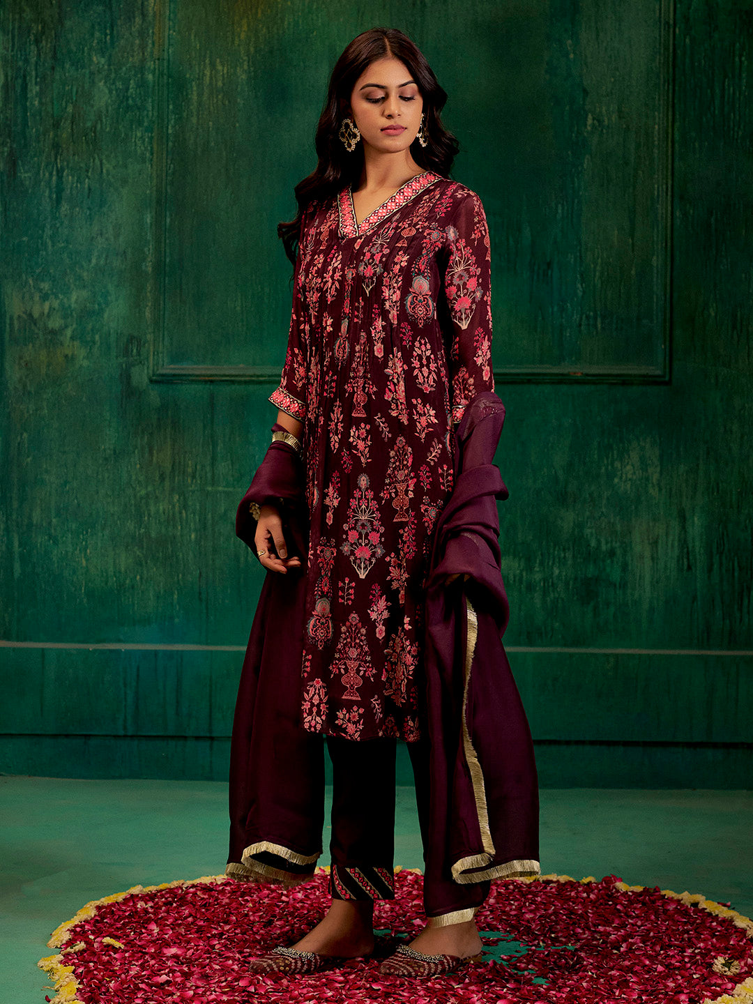 Wine Mirror Embroidered Festive Flared Kurta Set With Dupatta