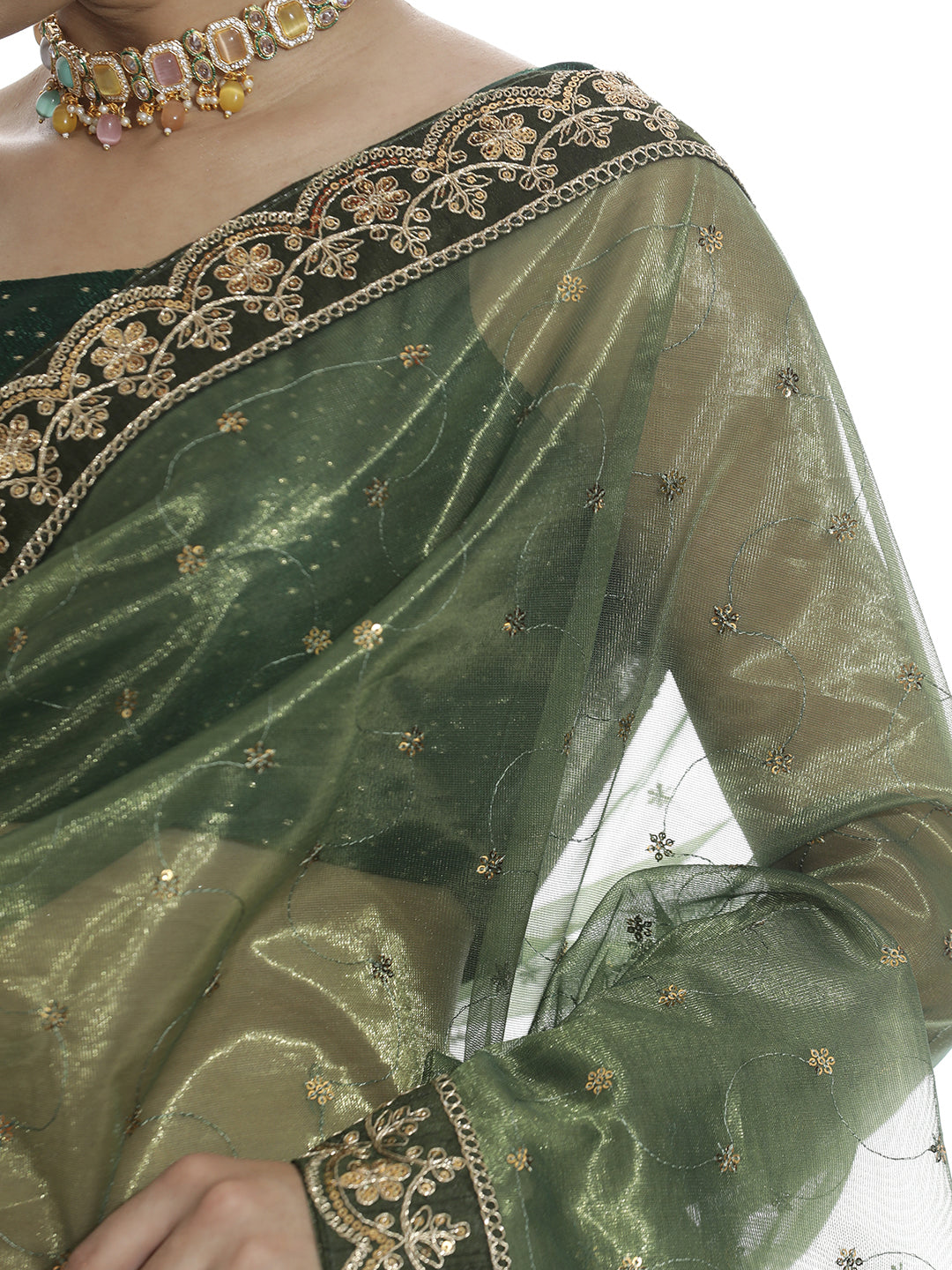 Green Sequin Embroidered Net Party Wear Saree