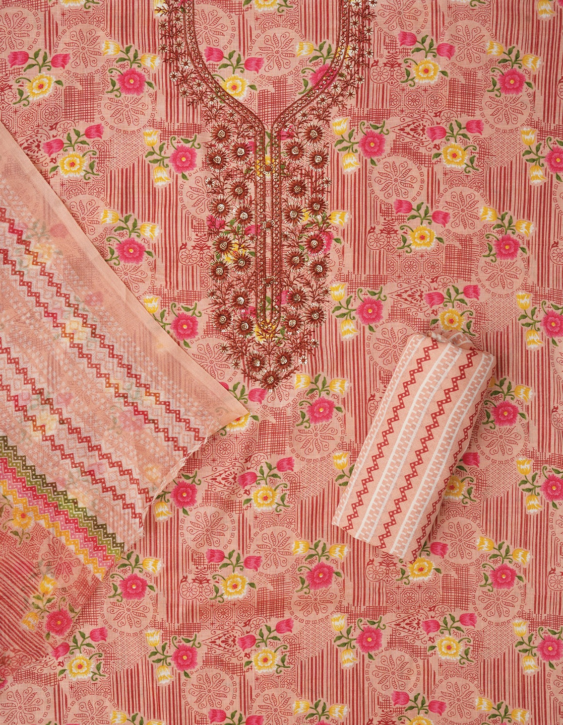 Pink Unstitched Embroidered Cotton Dress Material With Dupatta