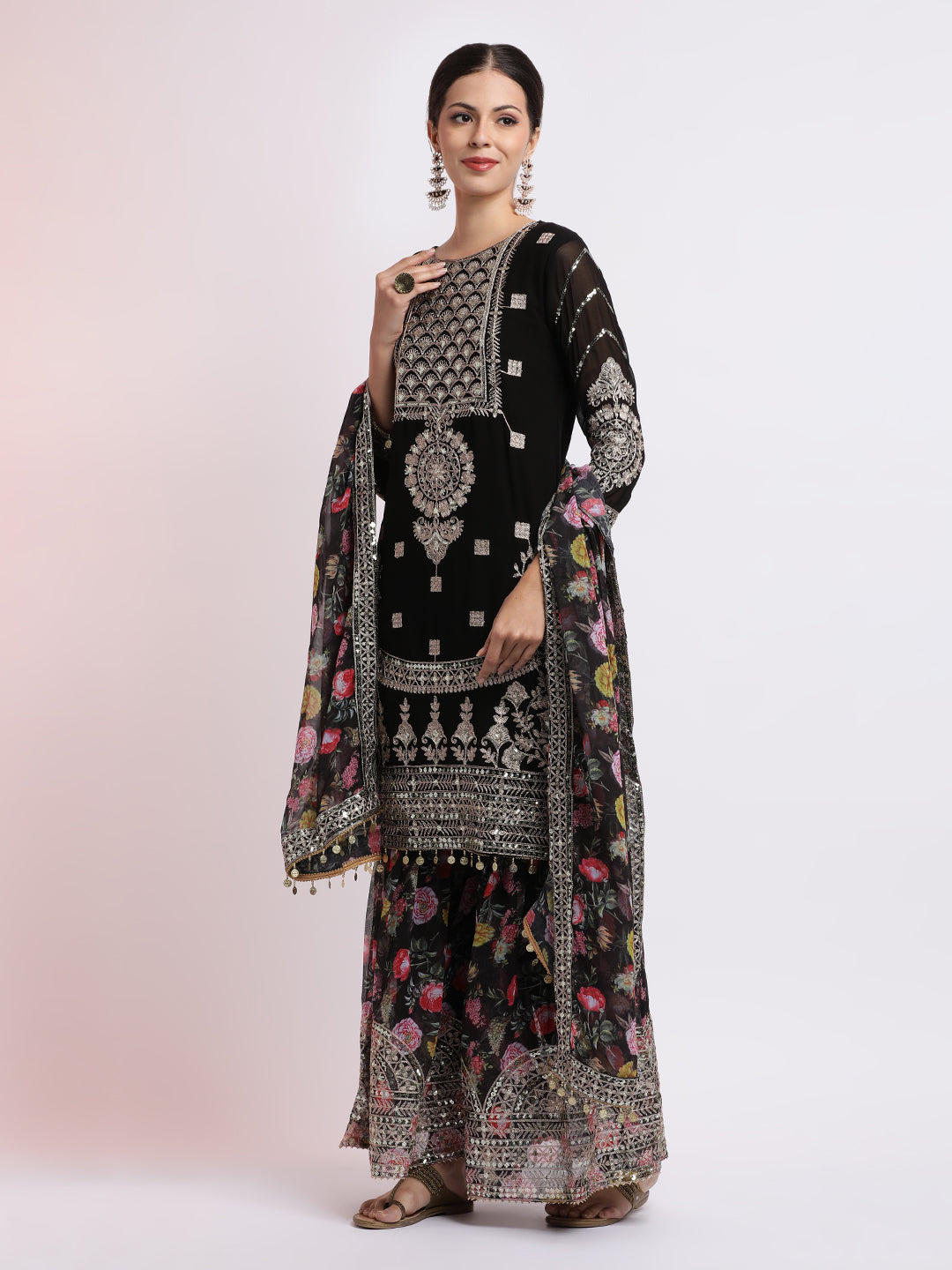 Black Zari Embroidered Kurta With Floral Sharara And Dupatta