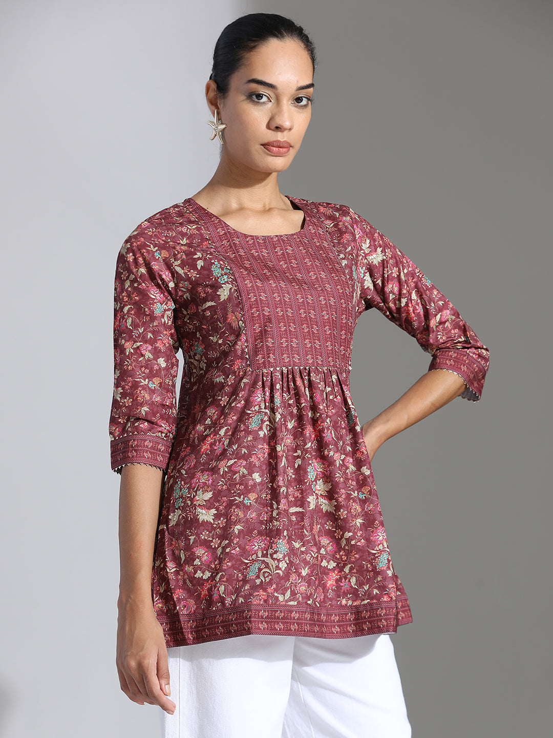 Maroon Floral Printed Chinon Peplum Top