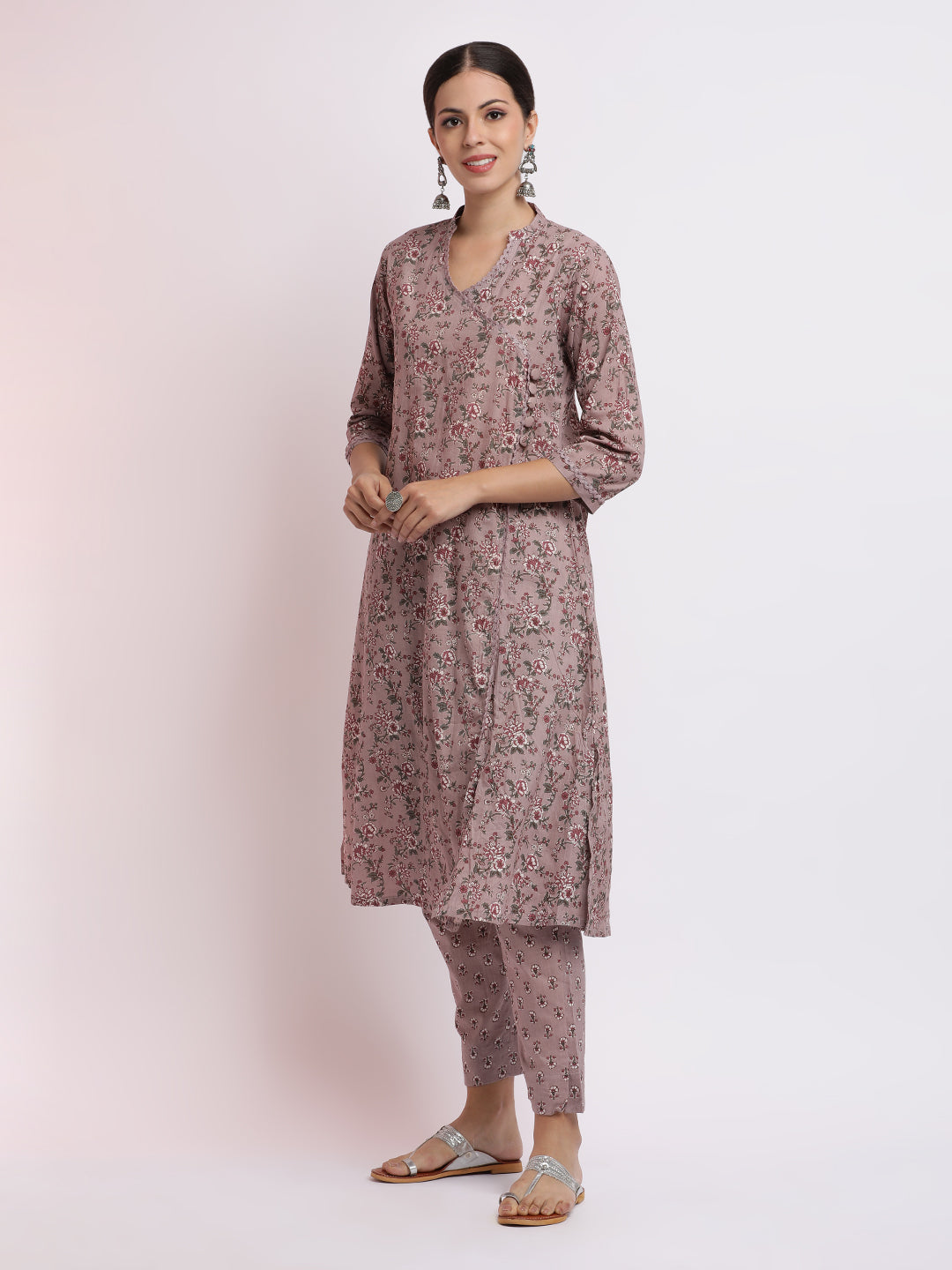 Mauve Floral Printed Pure Cotton Kurta Set