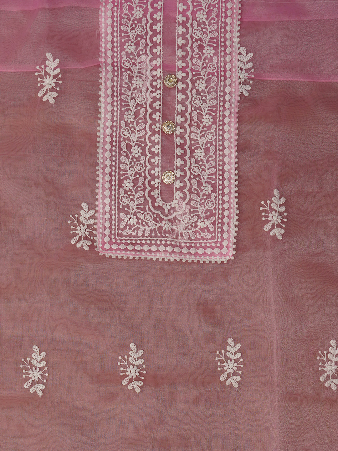 Unstitched Pink Embroidered Organza Dress Material With Dupatta