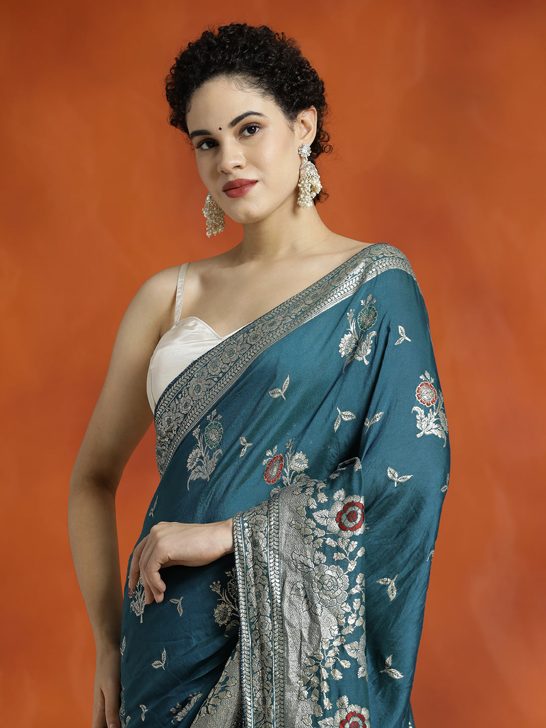 Teal Blue Heavy Banarasi Zari Woven Silk Blend Saree