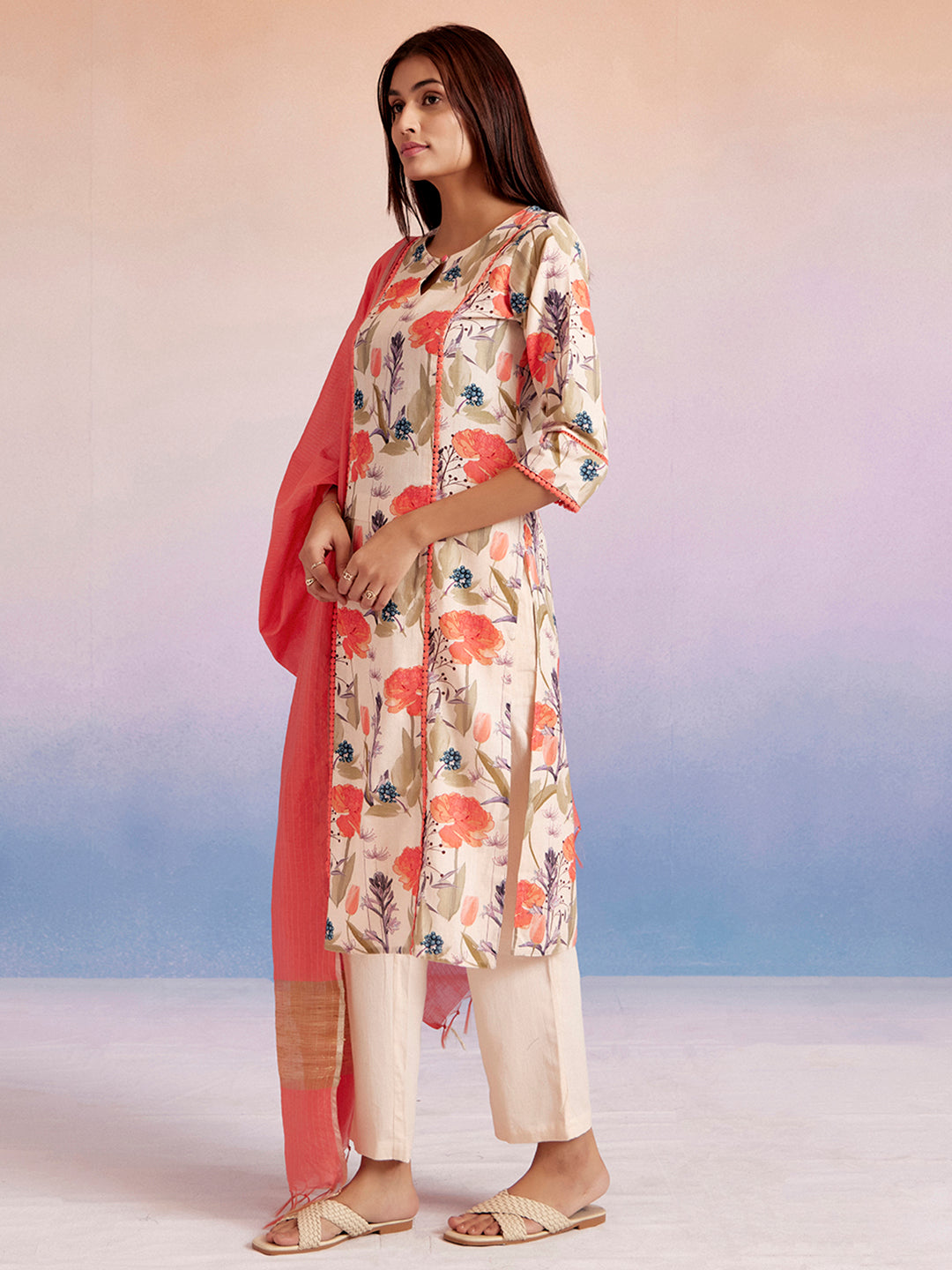 Coral Floral Cotton Straight Kurta Set With Dupatta