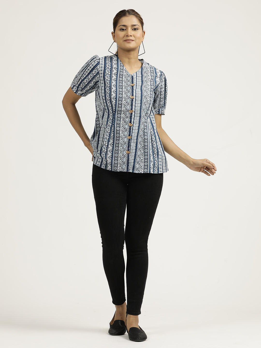 Indigo Printed Cotton Pleated Top