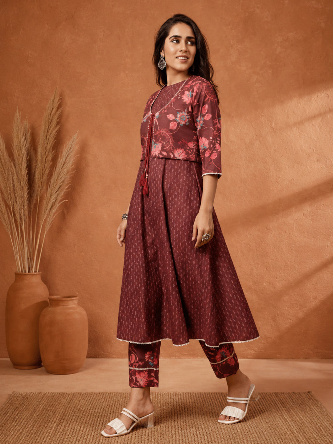 Brown Ethnic Print Flared Kurta With Shrug And Pants