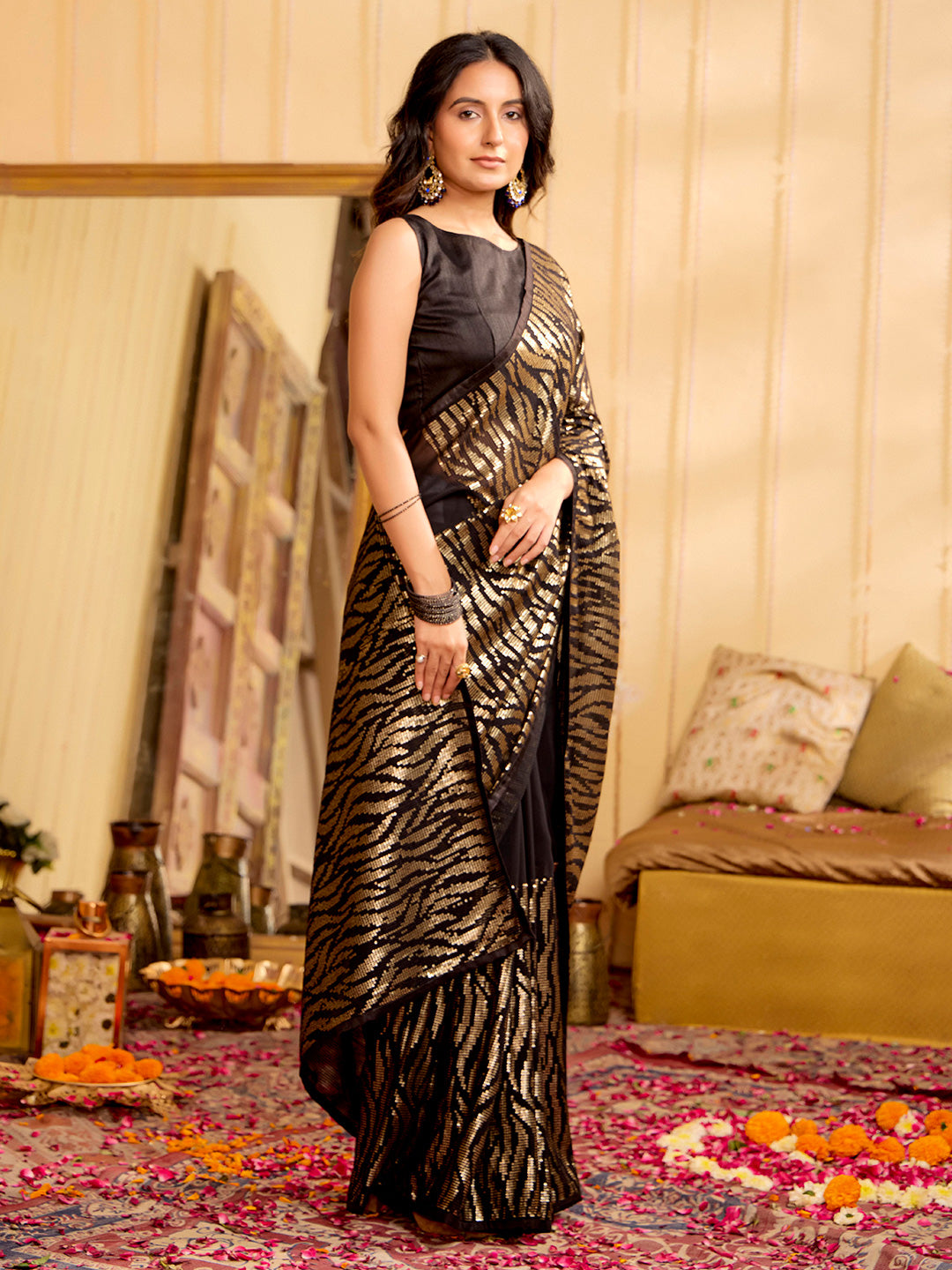 Pure Georgette Sequins Party Wear Black Saree