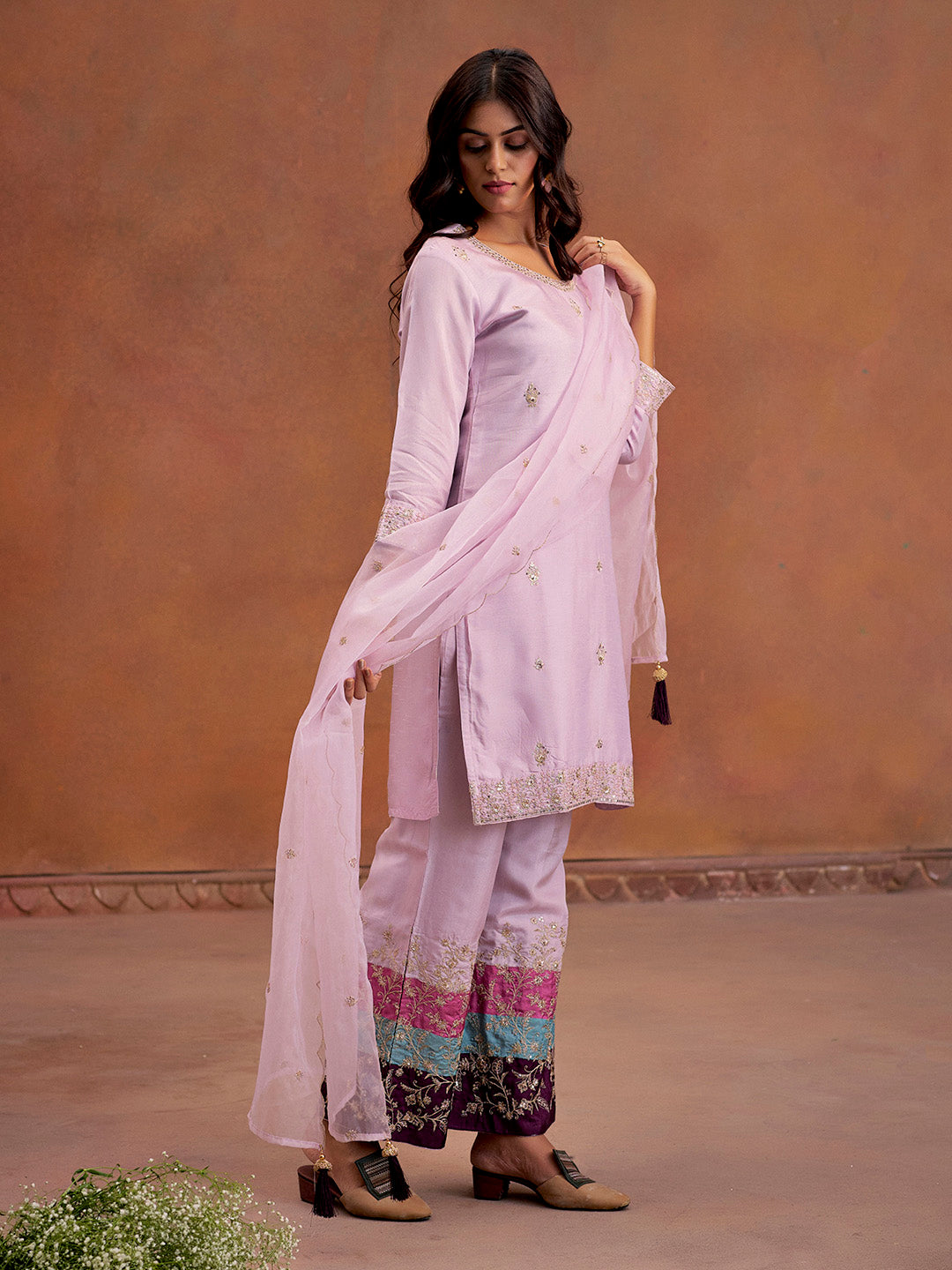 Lilac Zardozi Embroidered Festive Kurta Set With Dupatta