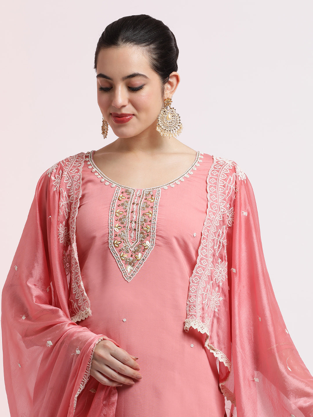 Baby Pink Embroidered Cotton Festive Kurta Set With Dupatta