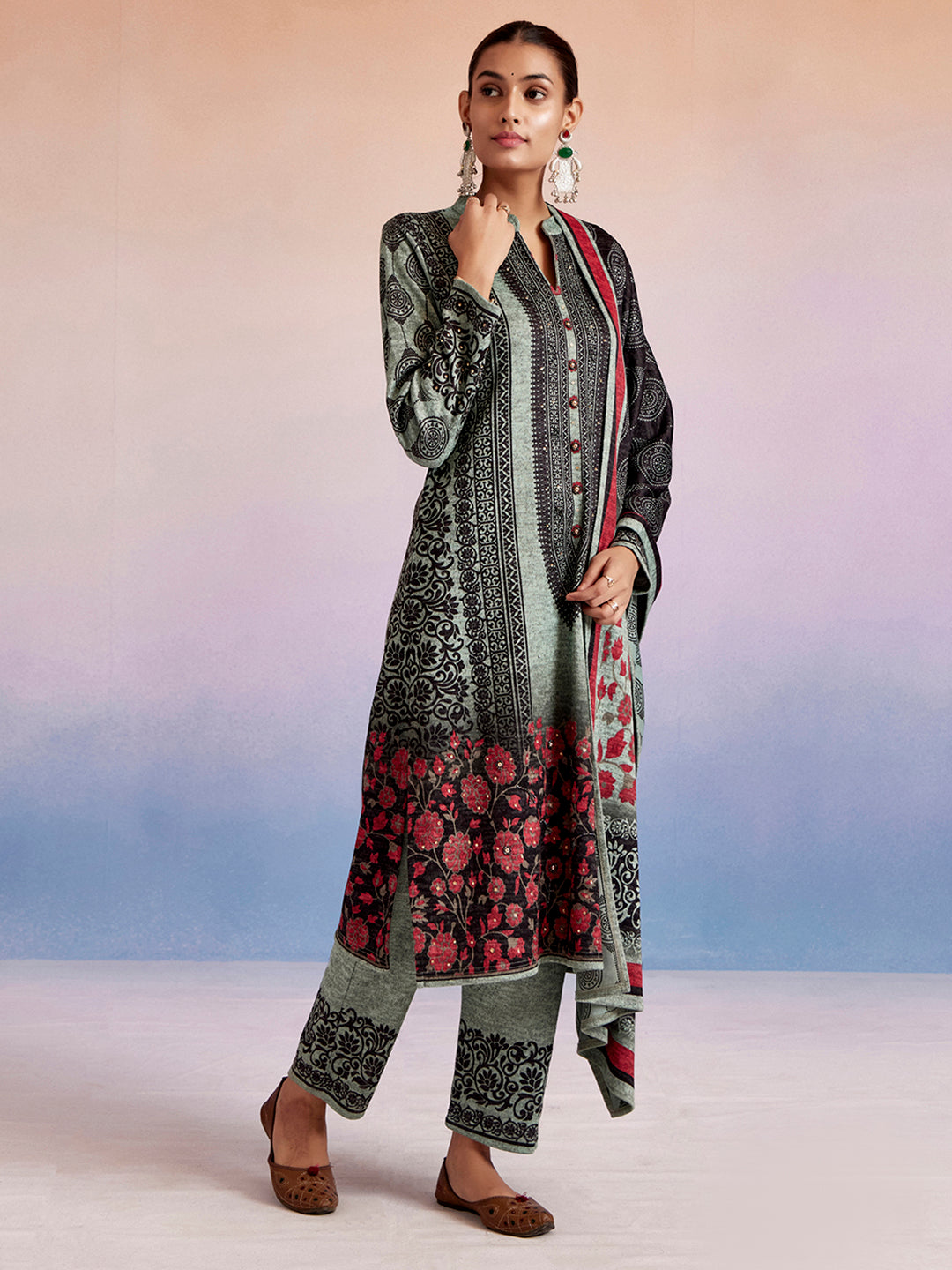 Green Woolen Ethnic Printed Kurta Set With Dupatta