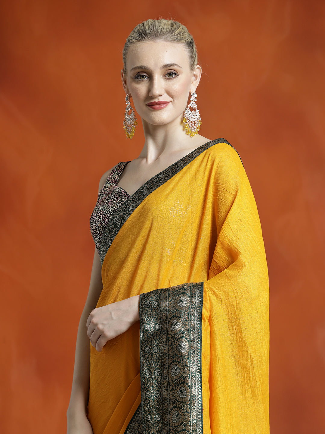 Yellow Silk Blend Zari Woven Party Wear Saree