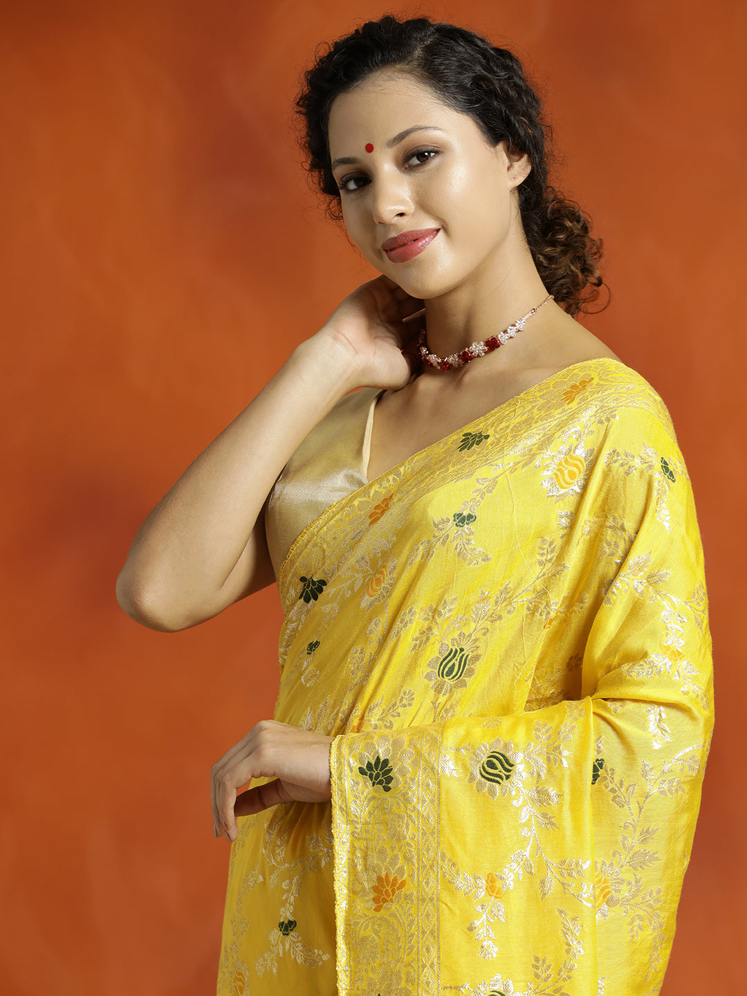 Yellow Silk Banarasi Floral Zari Woven Design Yellow Saree