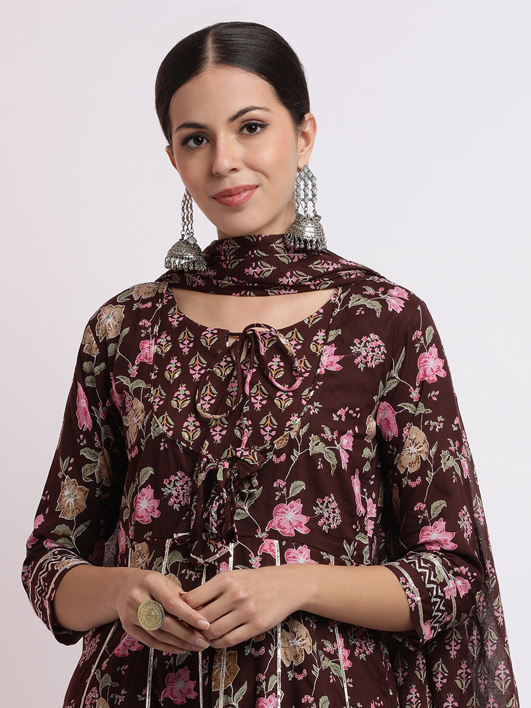 Brown Floral Printed Cotton Kurta Set With Dupatta