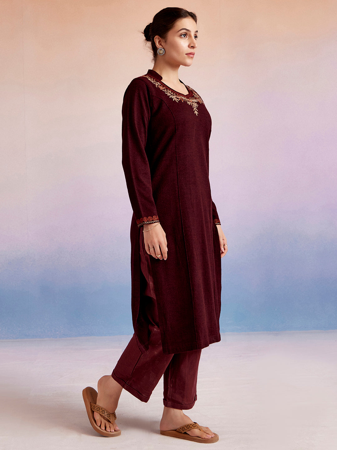 Maroon Embroidered Woolen Straight Kurta