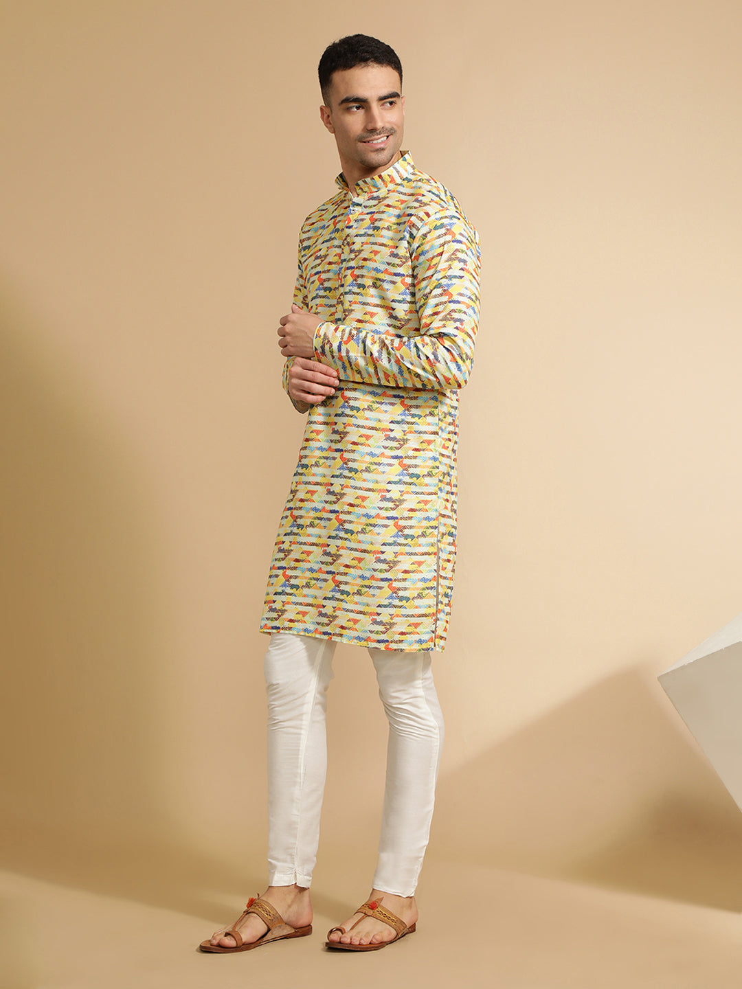 Yellow Abstract Printed Cotton Kurta for Men