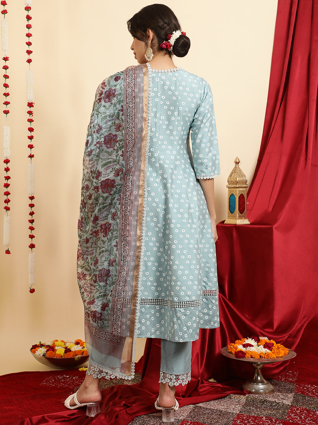 Festive Printed Anarkali Kurta Set With Handblock Dupatta