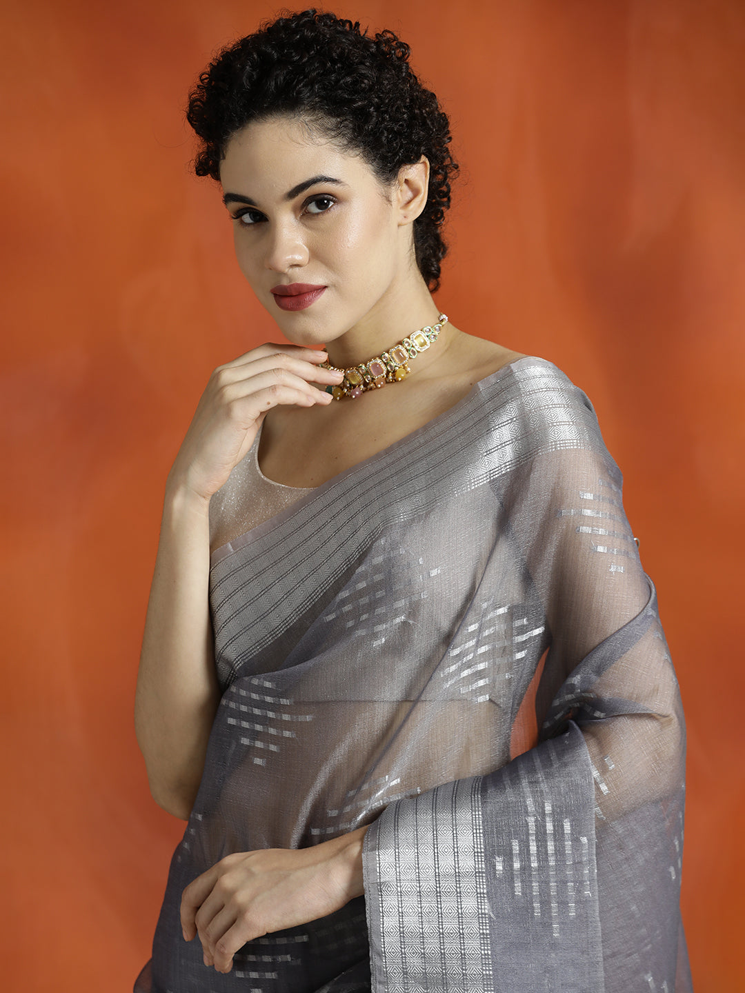 Grey Zari Woven Banarasi Organza Saree