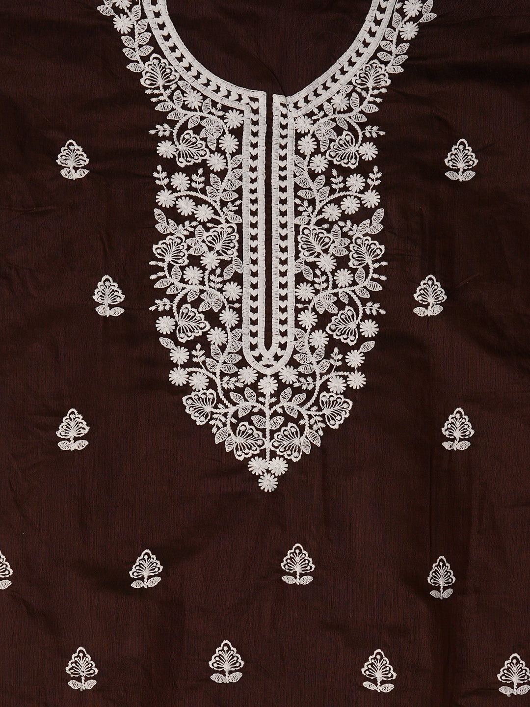 Brown Unstitched Embroidered Cotton Blend Dress Material With Dupatta