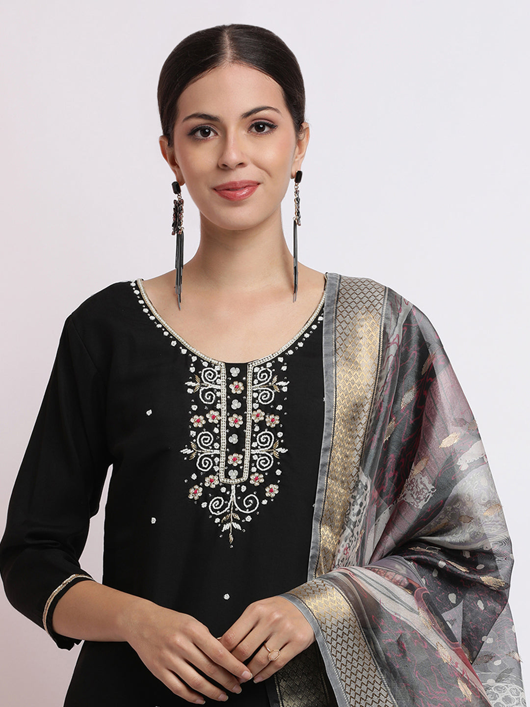 Black Embroidered Cotton Blend Kurta Set With Dupatta