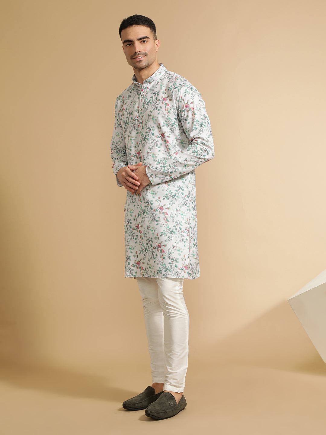 Off White & Green Floral Printed Cotton Kurta for Men