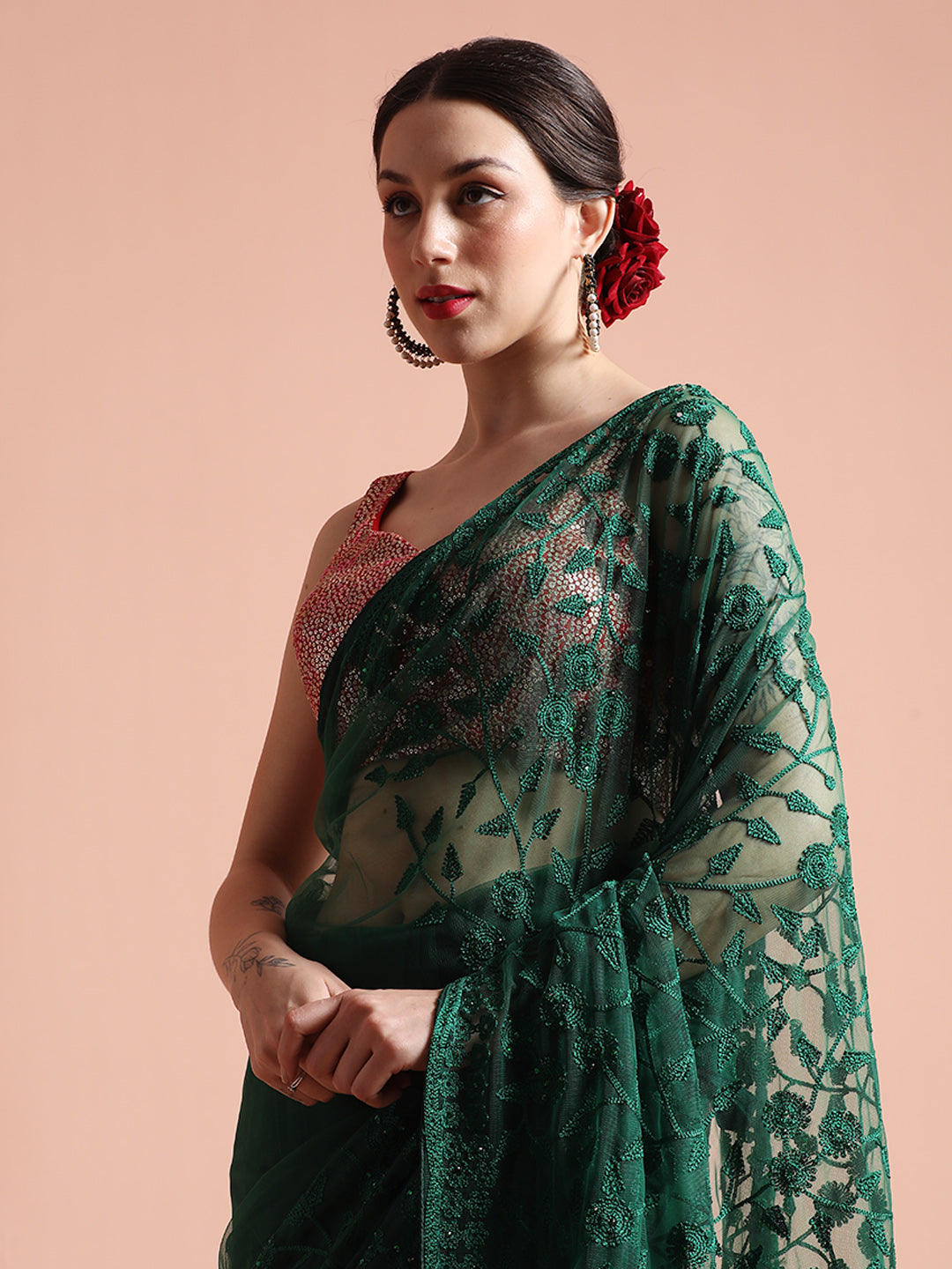 Olive Party Wear Floral Embroidered Net Saree