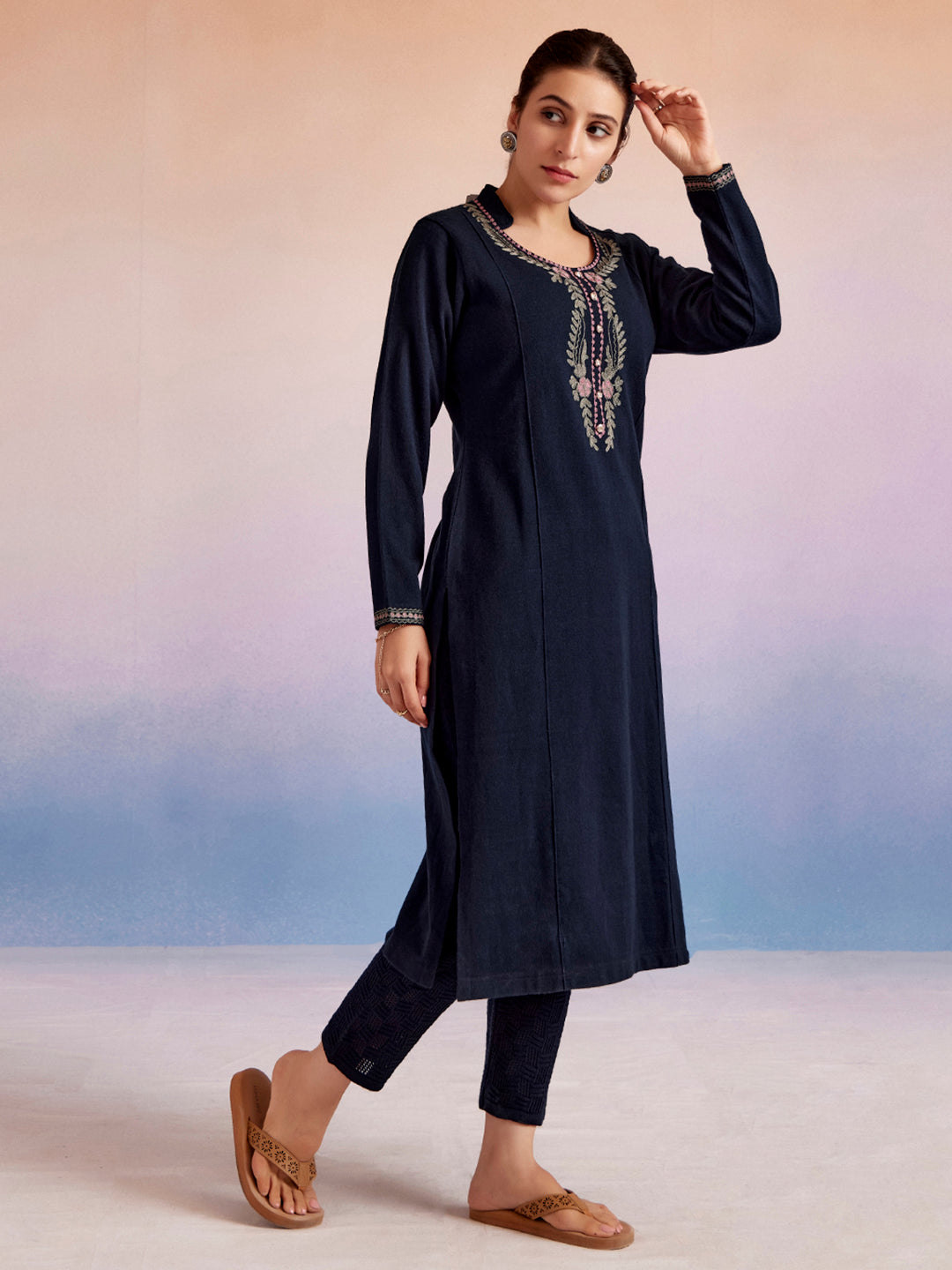 Navy Blue Embroidered Woolen Straight Kurta