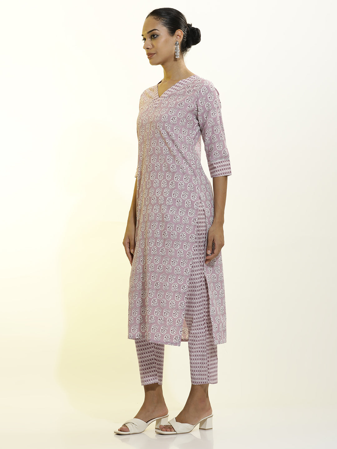 Lavender Cotton Printed Straight Kurta Set