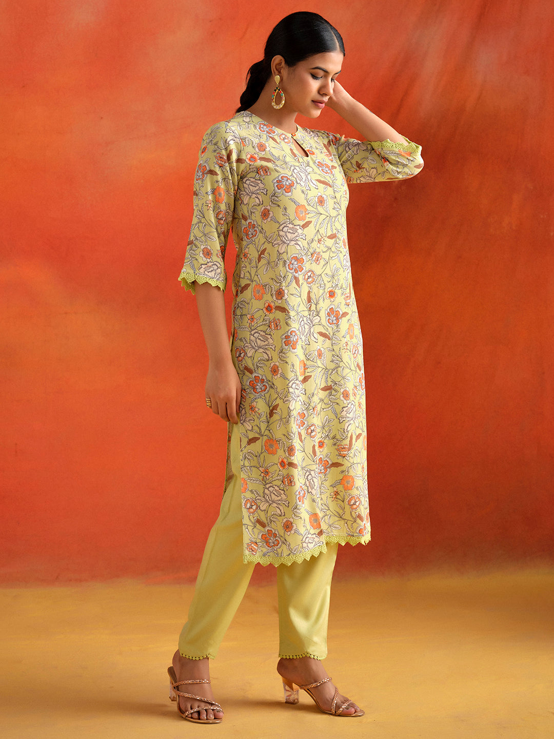 Lime Green Floral Printed Straight Kurta With Pants