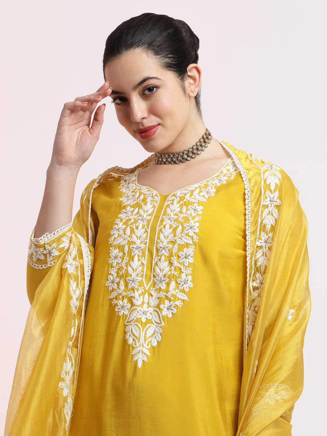 Mustard Gold Floral Embroidered Festive Kurta Set With Dupatta