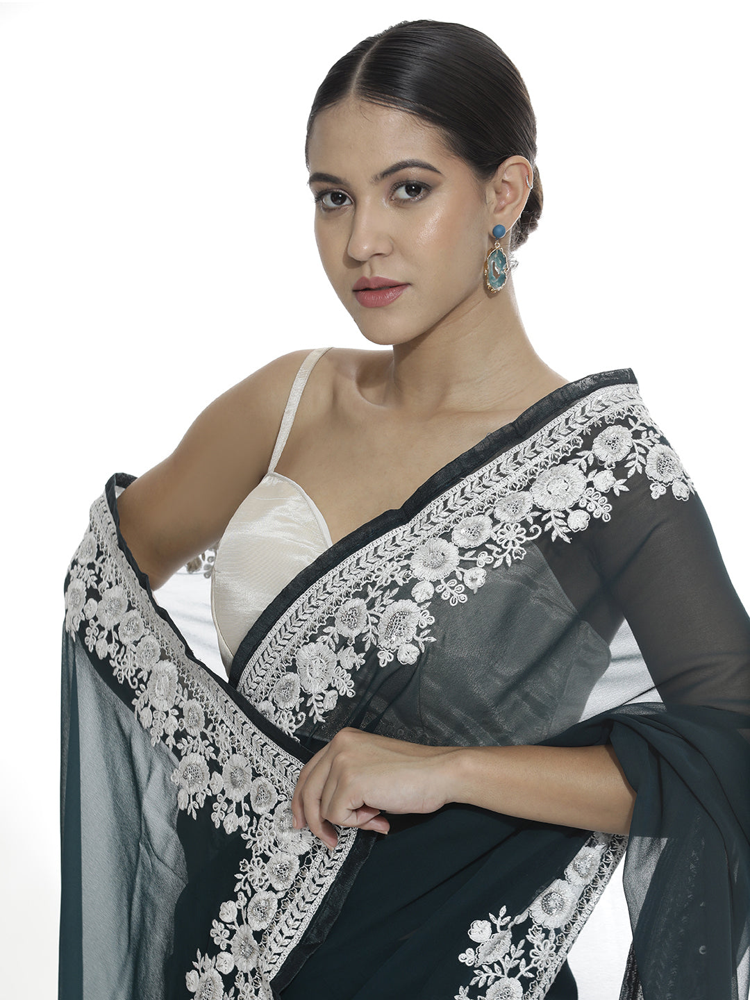 Pure Georgette Embroidered Teal Saree