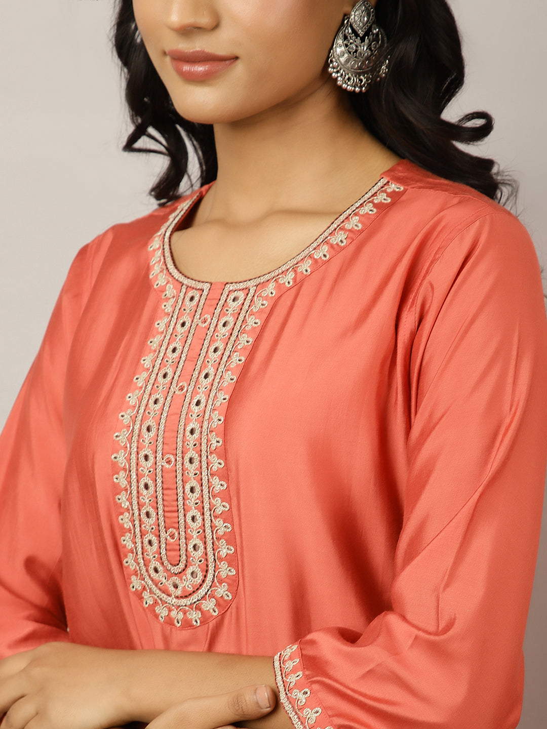 Silk Blend Coral Embroidered Suit Set