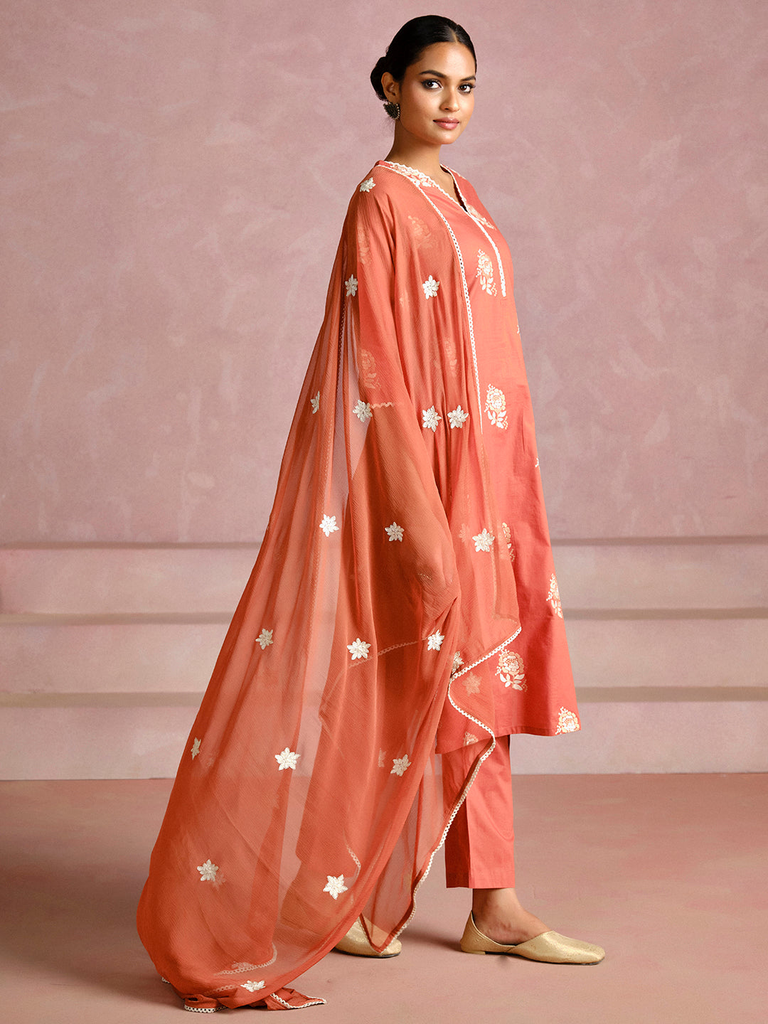 Rust Thread Embroidered Cotton Kurta Set With Dupatta