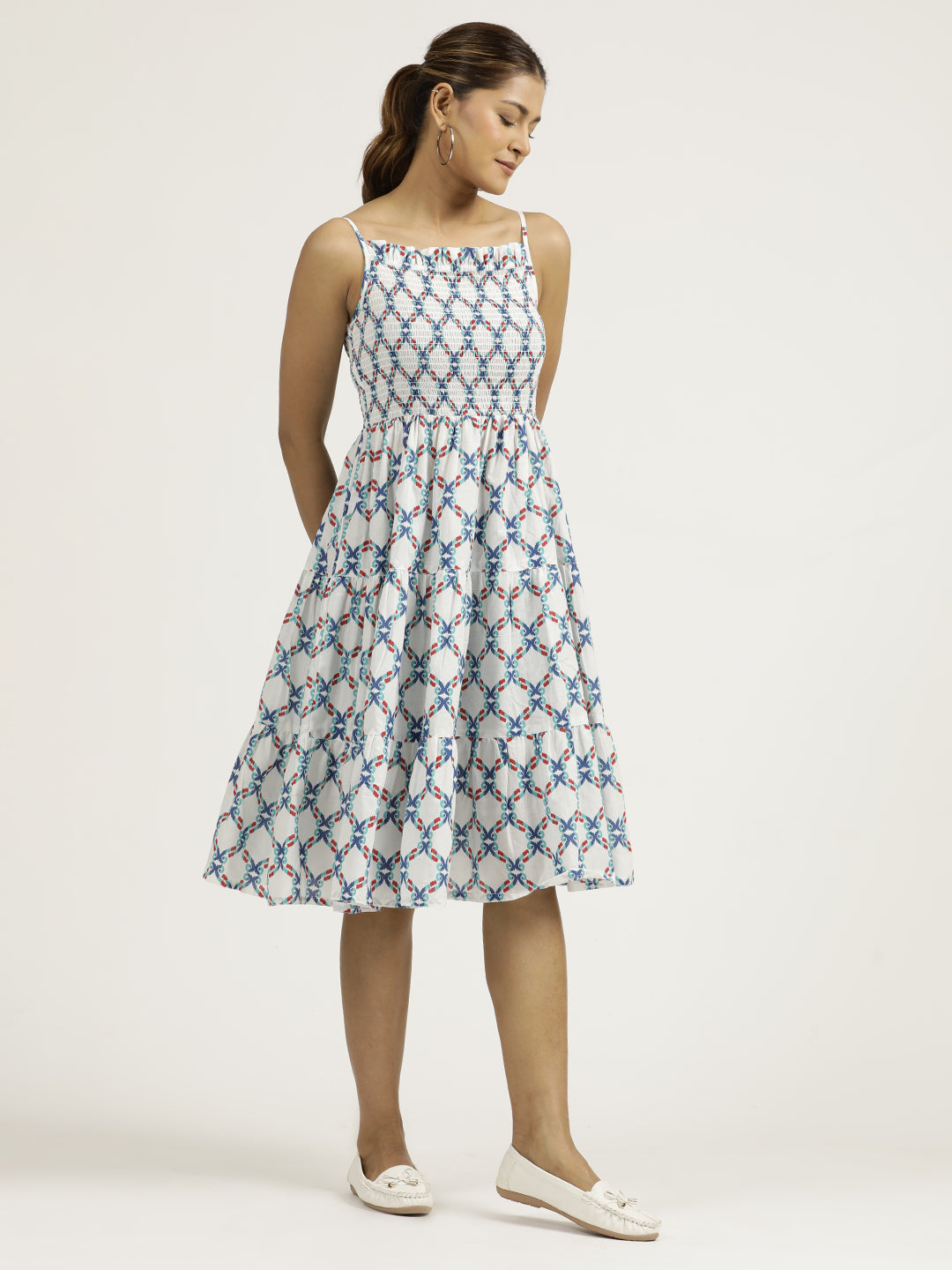 Blue Ikat Printed Tiered Cotton Strappy Dress