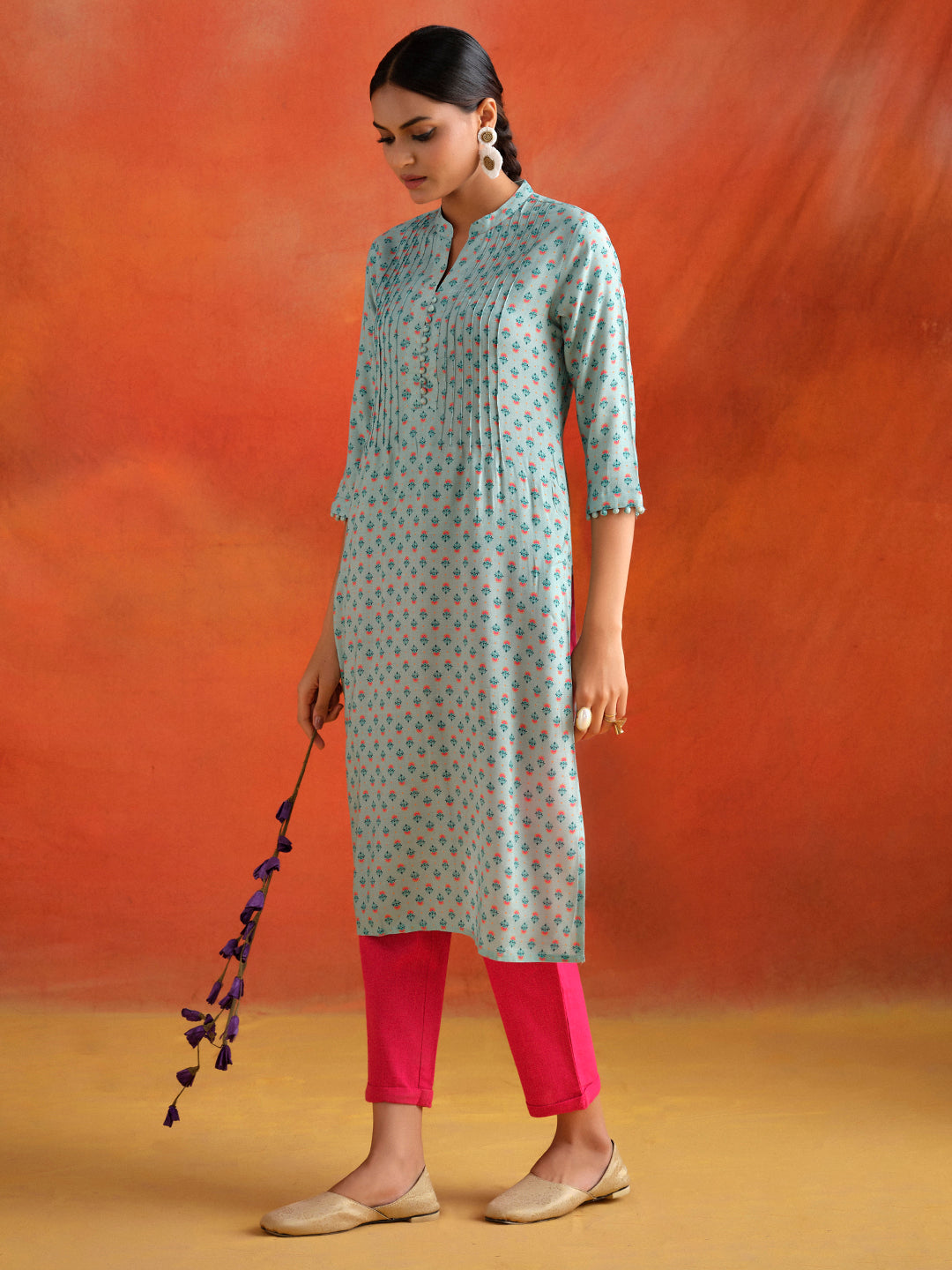 Blue Ethnic Motif Printed Straight Kurta