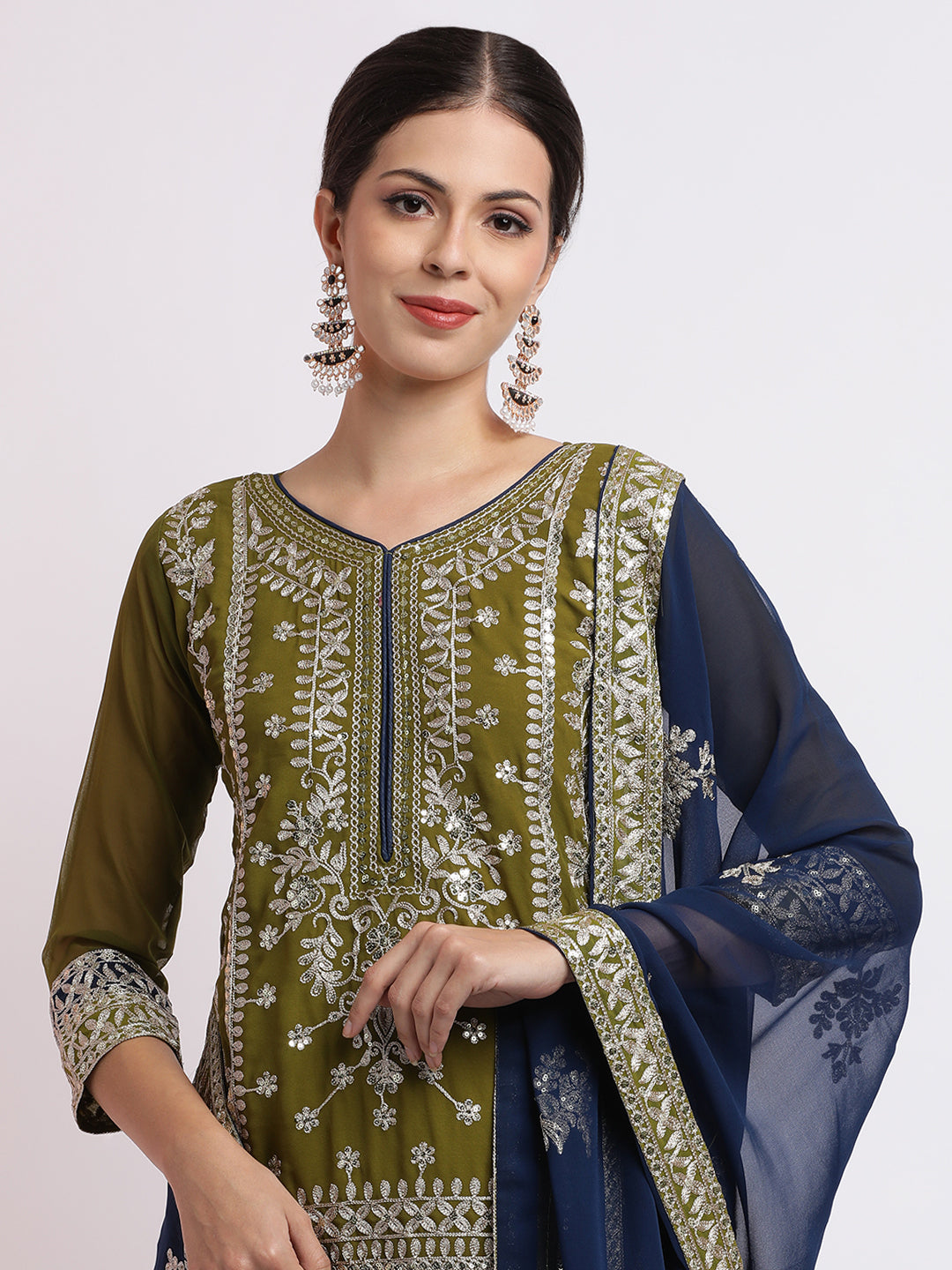 Olive Zari Embroidered Georgette Kurta Set With Dupatta