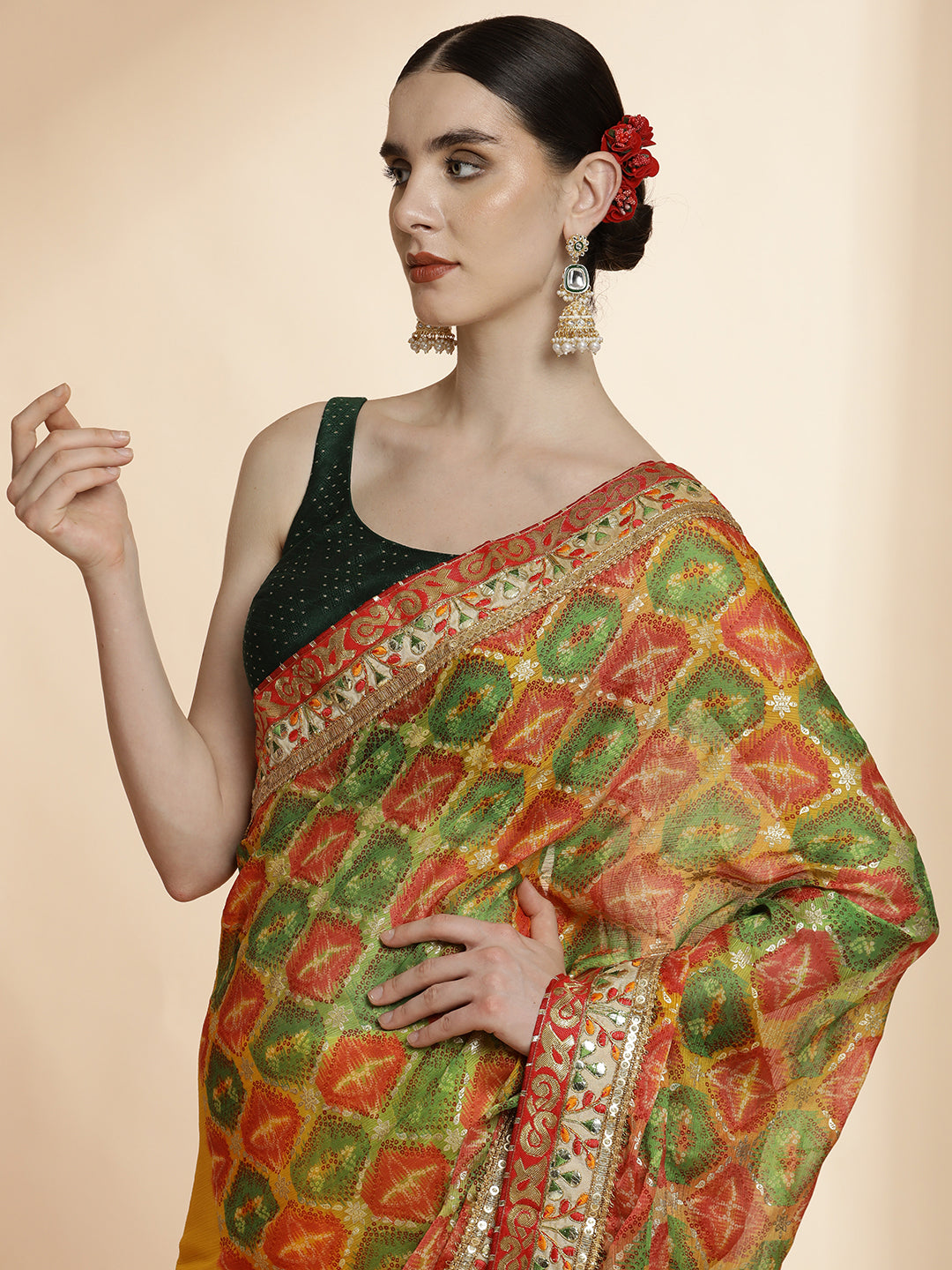 Multicolour Traditional Embroidered Bandhani Pure Georgette Saree